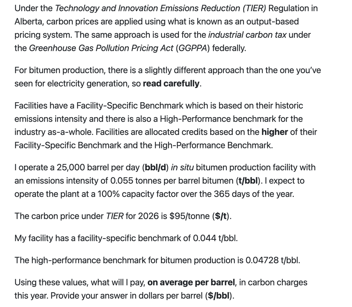 Exam Problem Shows Carbon Tax Raises Oil Production Costs
