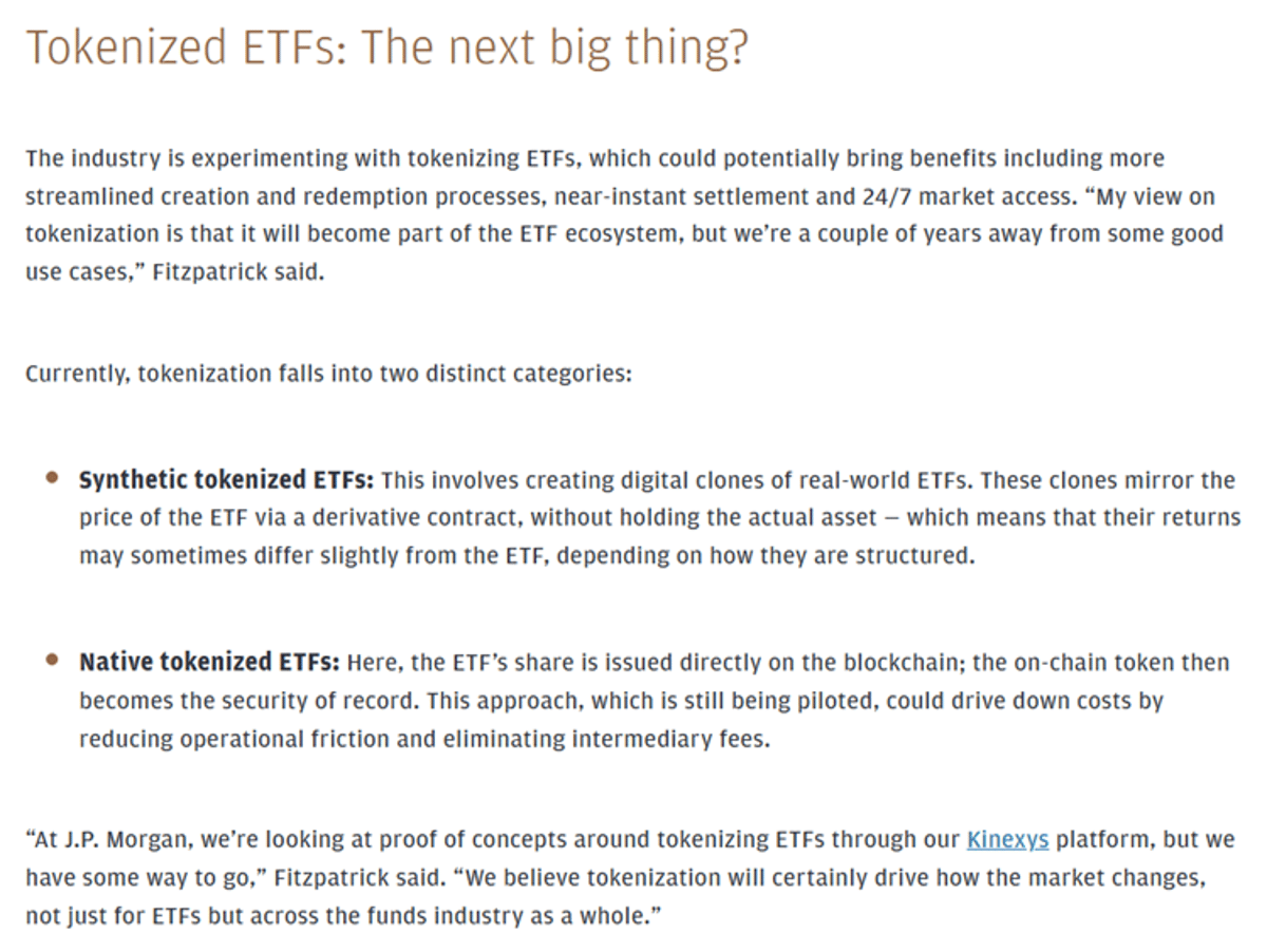 JP Morgan Sees Tokenized ETFs Reshaping the Funds Industry