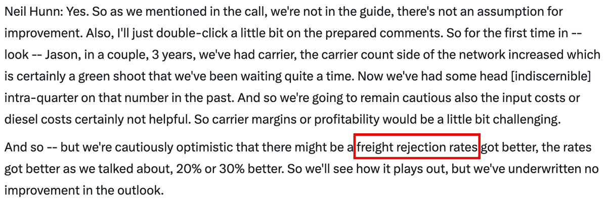 Competitor Cites SONAR for Market‑wide Freight Rejection Rates
