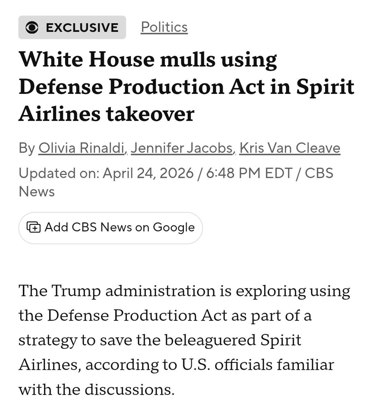 White House Eyes Defense Production Act for Spirit Takeover