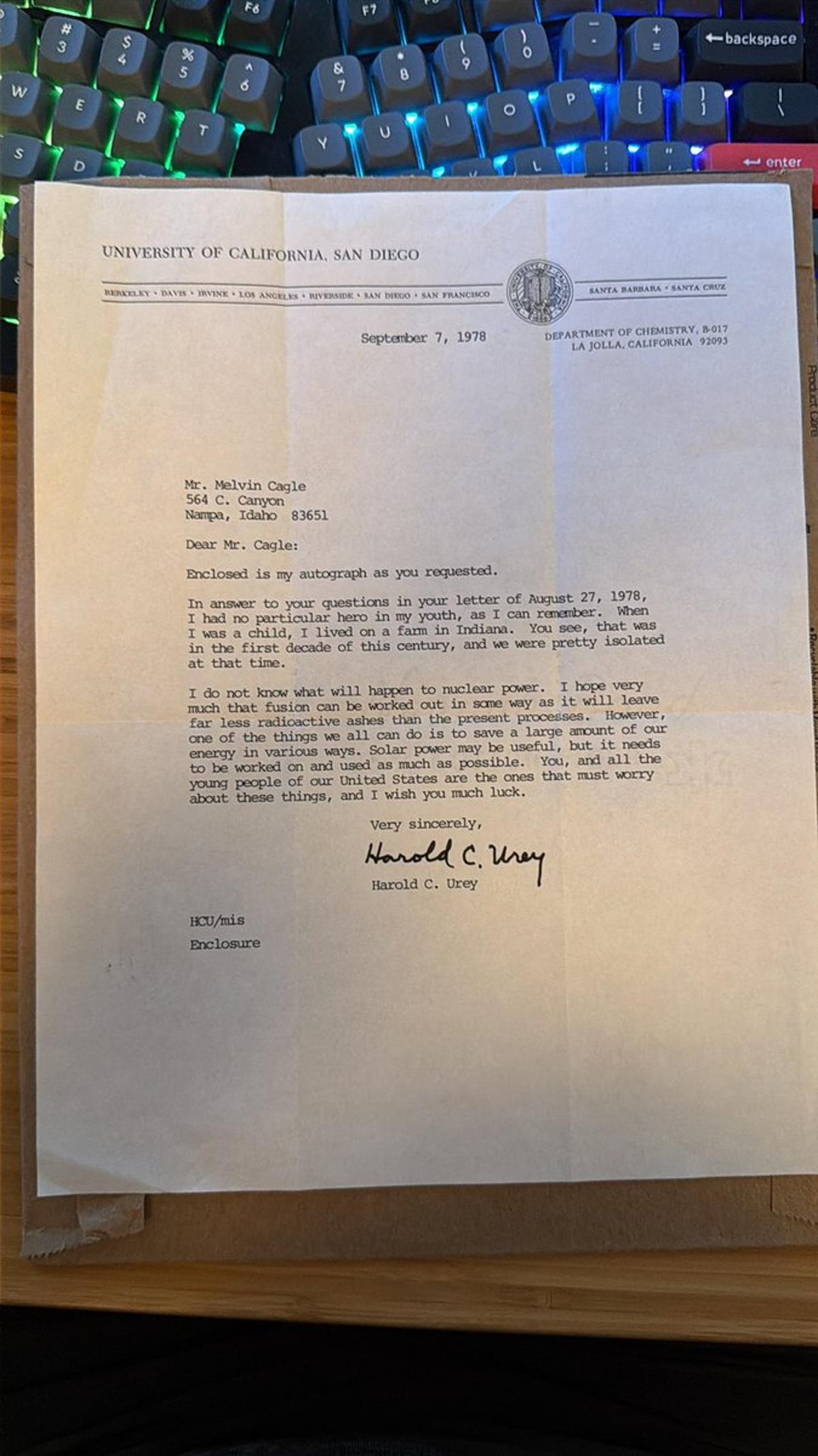 Nobel Laureate Harold Urey's Letter Reveals Early Fusion Interest
