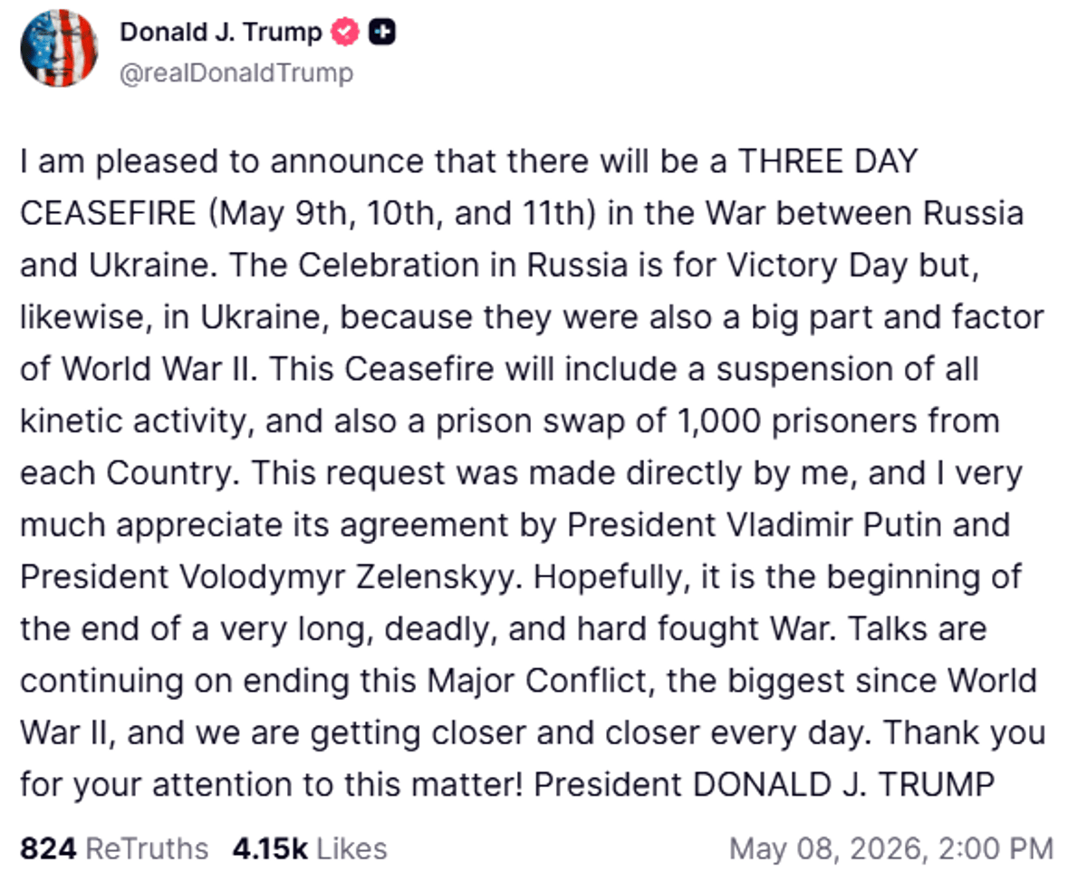 Trump Calls for Three-Day Russia-Ukraine Ceasefire