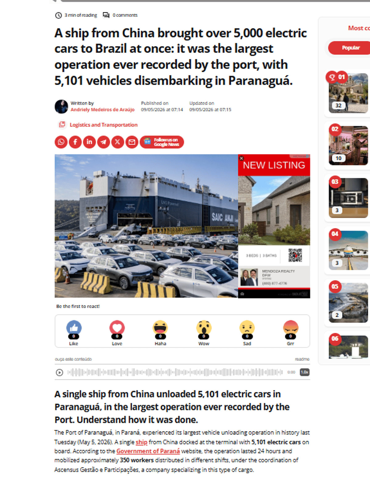 Record 5,000+ Chinese EVs Arrive in Brazil