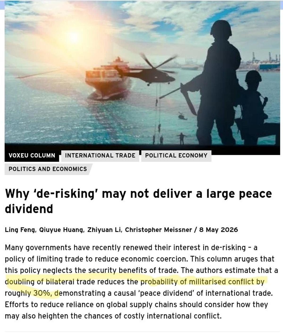 Trade Integration Cuts War Risk, De‑risking Limits Peace Gains