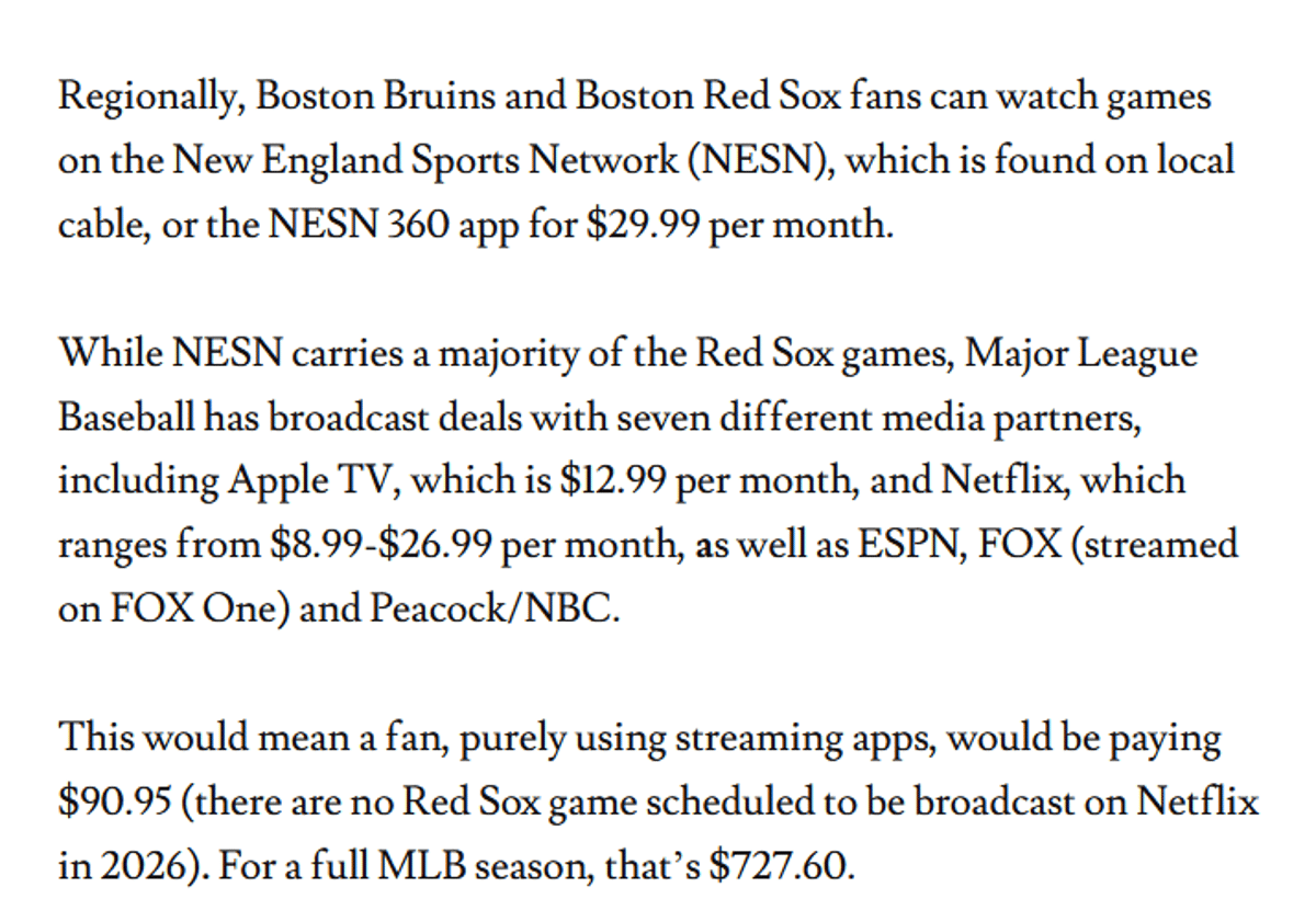 NESN App Costs $1.41 per Sox Game, Extra Fees Looming