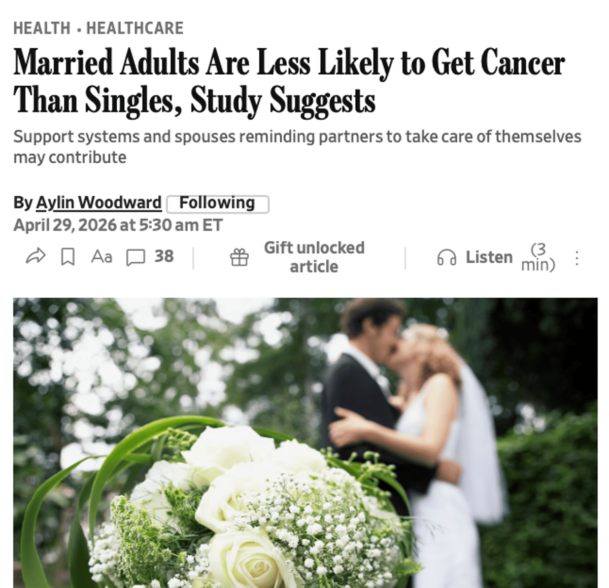 Marriage Cuts Cancer Risk, Especially for Women