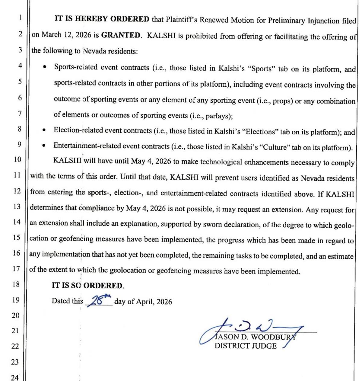 Nevada Court Bars Kalshi From Offering Event Contracts to Residents