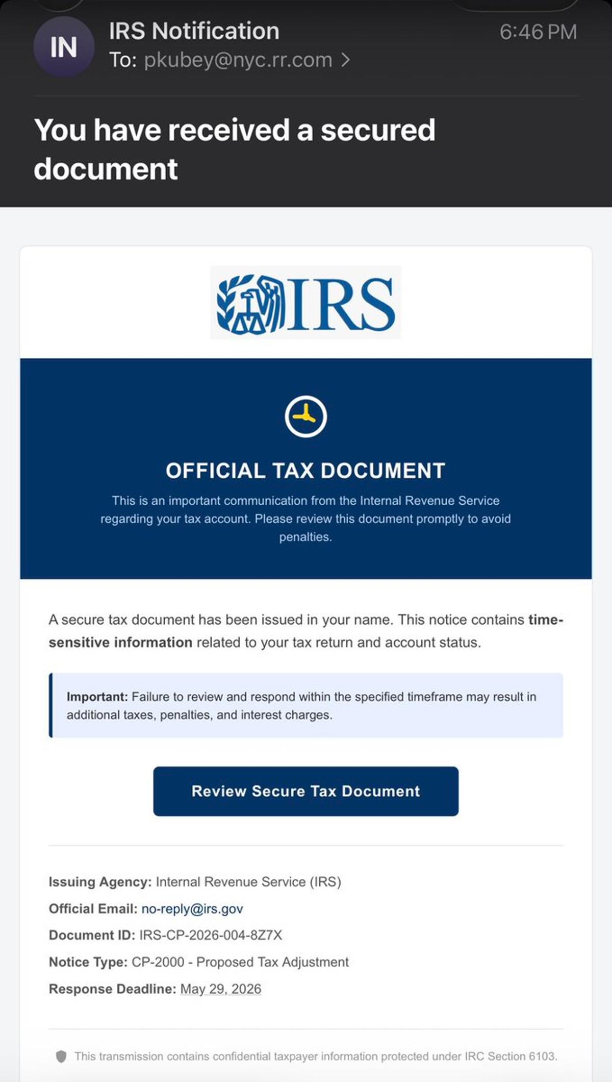 IRS Scam Email Uses Fake Pobox Address
