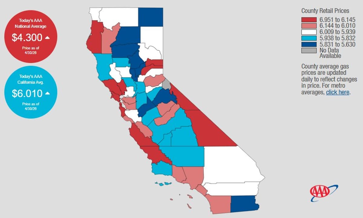 California Gas Tops $6, 40% Above National Average