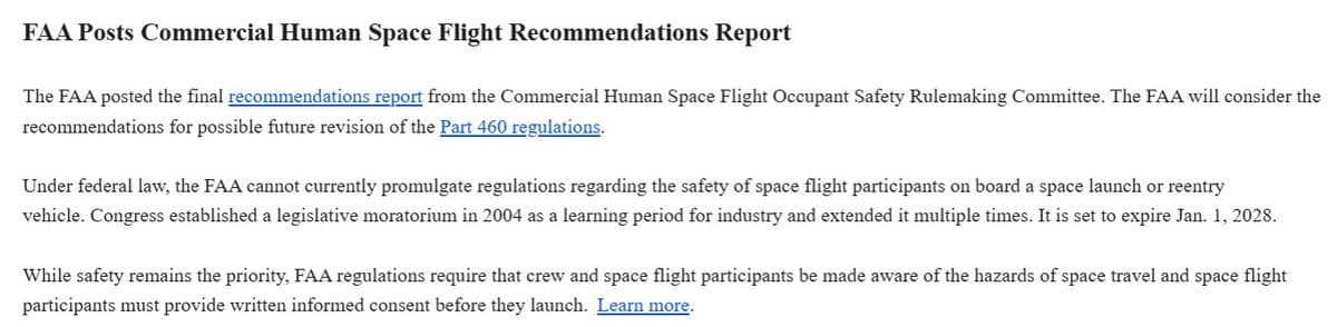 FAA Releases Final Commercial Human Spaceflight Safety Recommendations