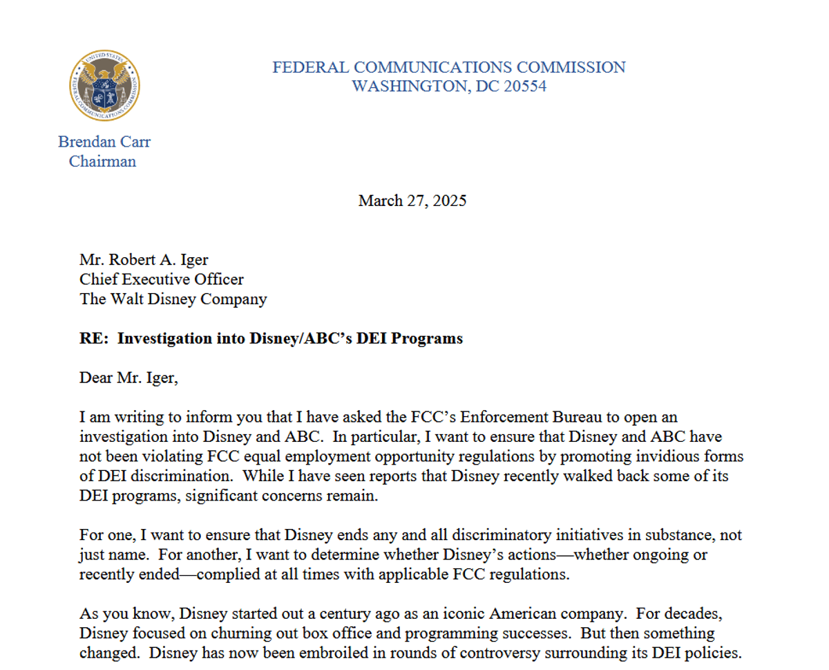 FCC Chair Accuses Disney of Stalling DEI Probe