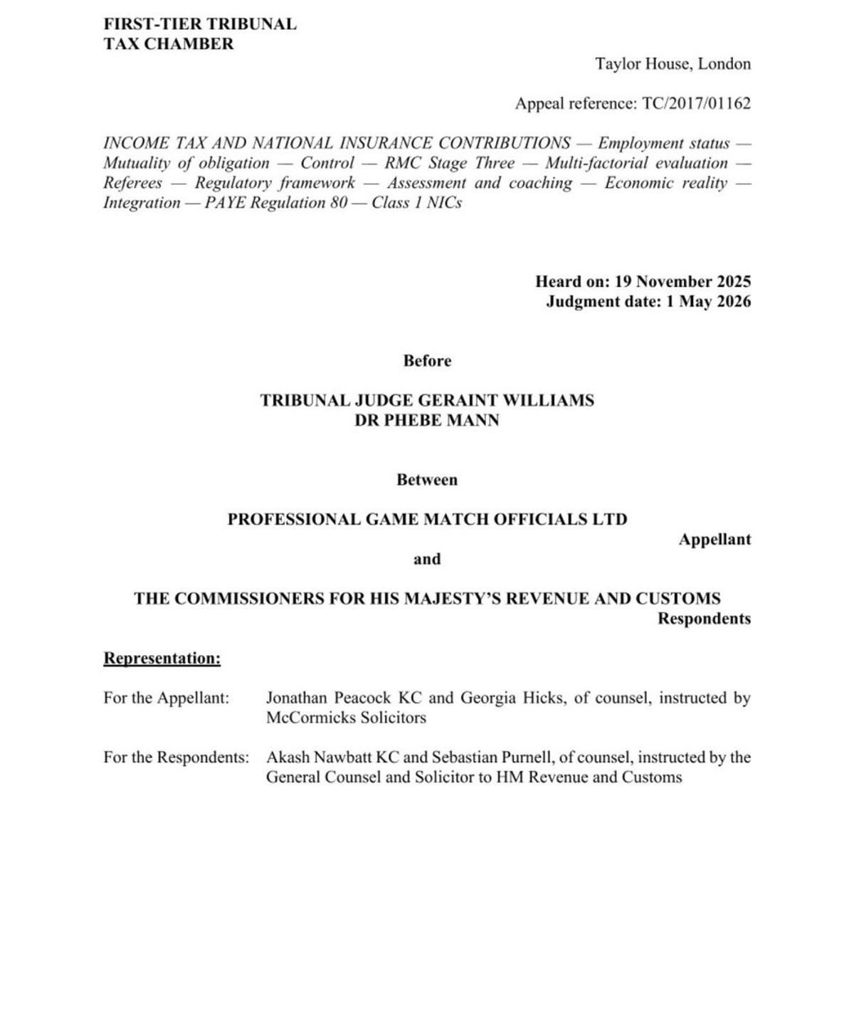 Tribunal Declares Referees Self‑Employed, Not PGMOL Employees