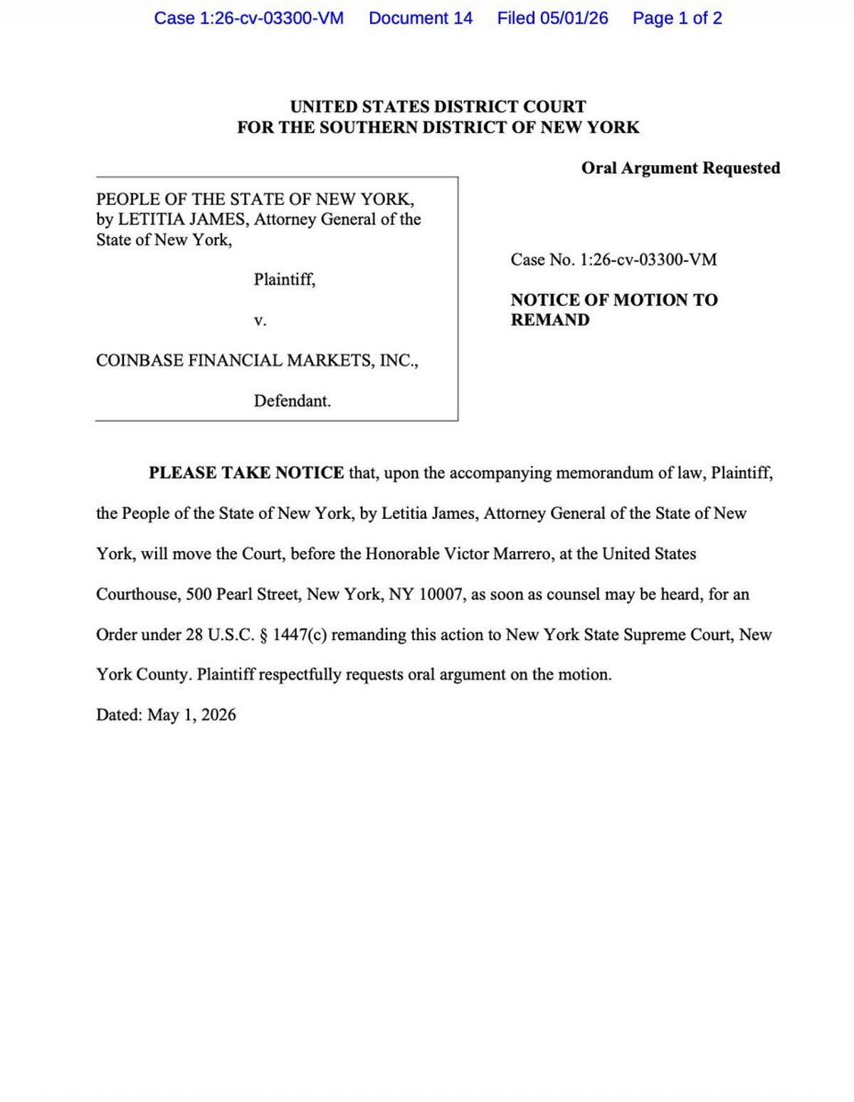 NY AG Sends Coinbase, Gemini Cases Back to State Court