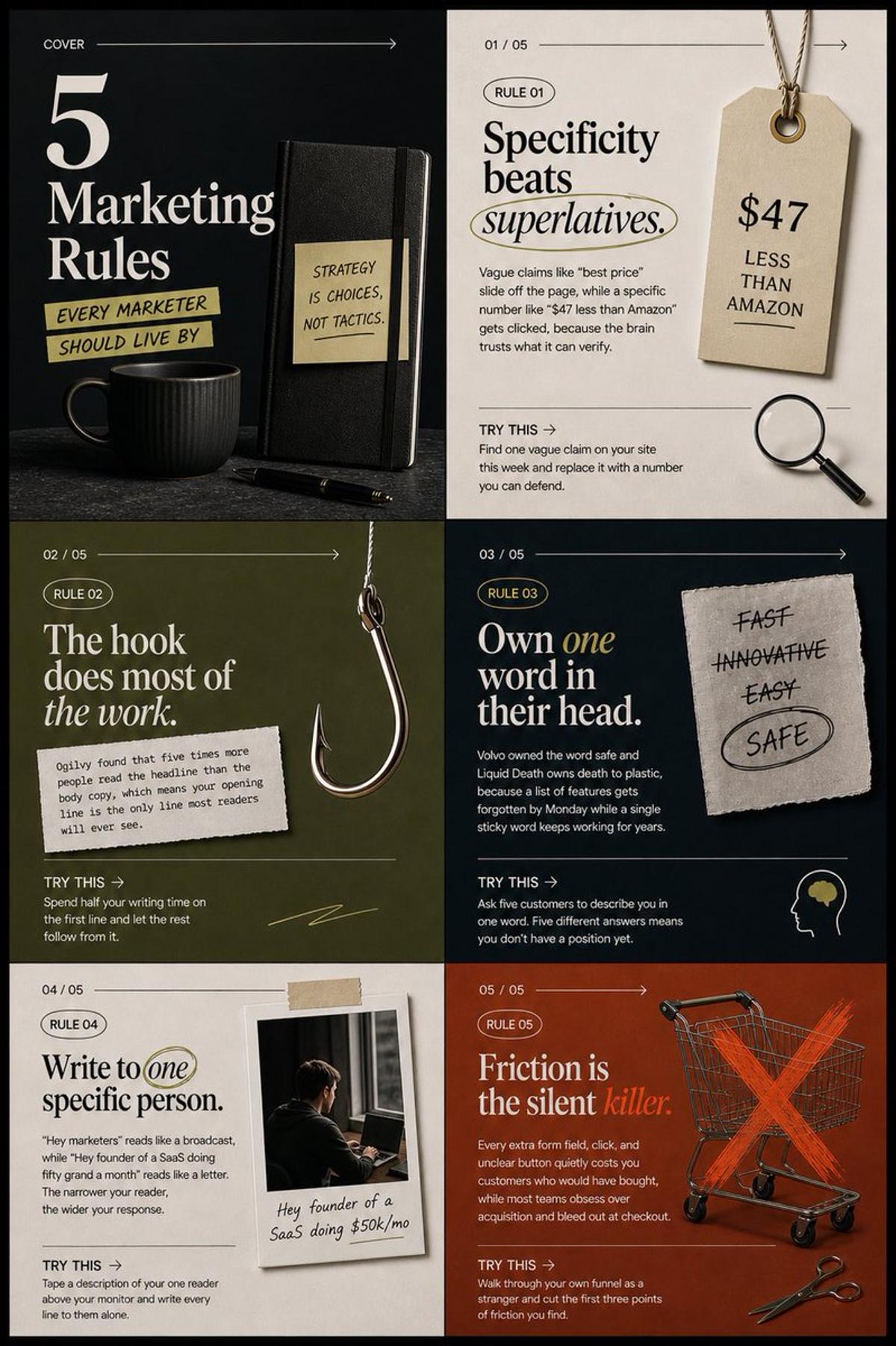 Master Marketing: Specificity, Hook, One Word, Personal, No Friction