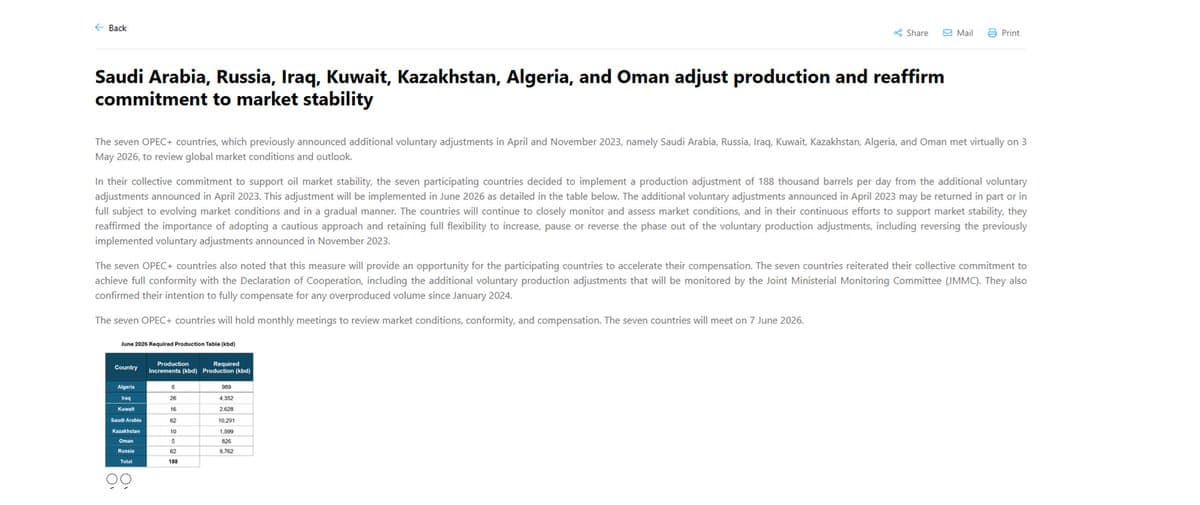 V7 Lifts OPEC+ Output Ceiling by 188,000 Bpd