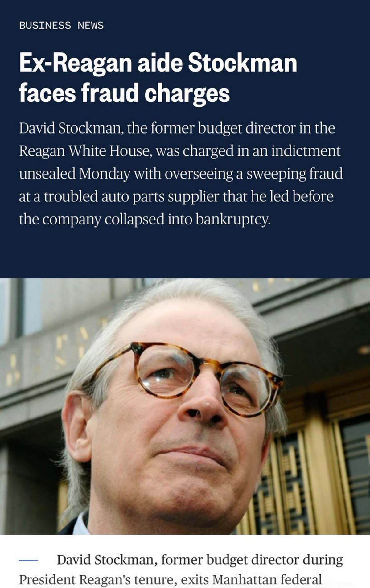 Former Reagan Budget Director David Stockman Indicted for Fraud