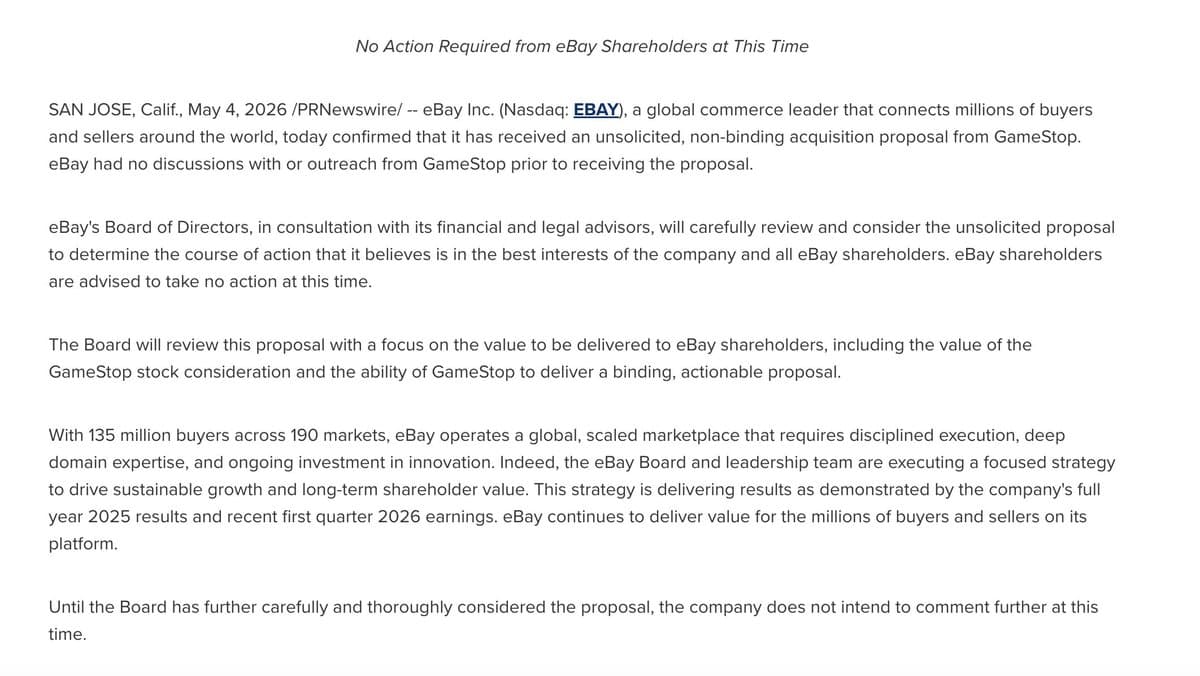 EBay Acknowledges Unsolicited GameStop Takeover Bid, Under Review