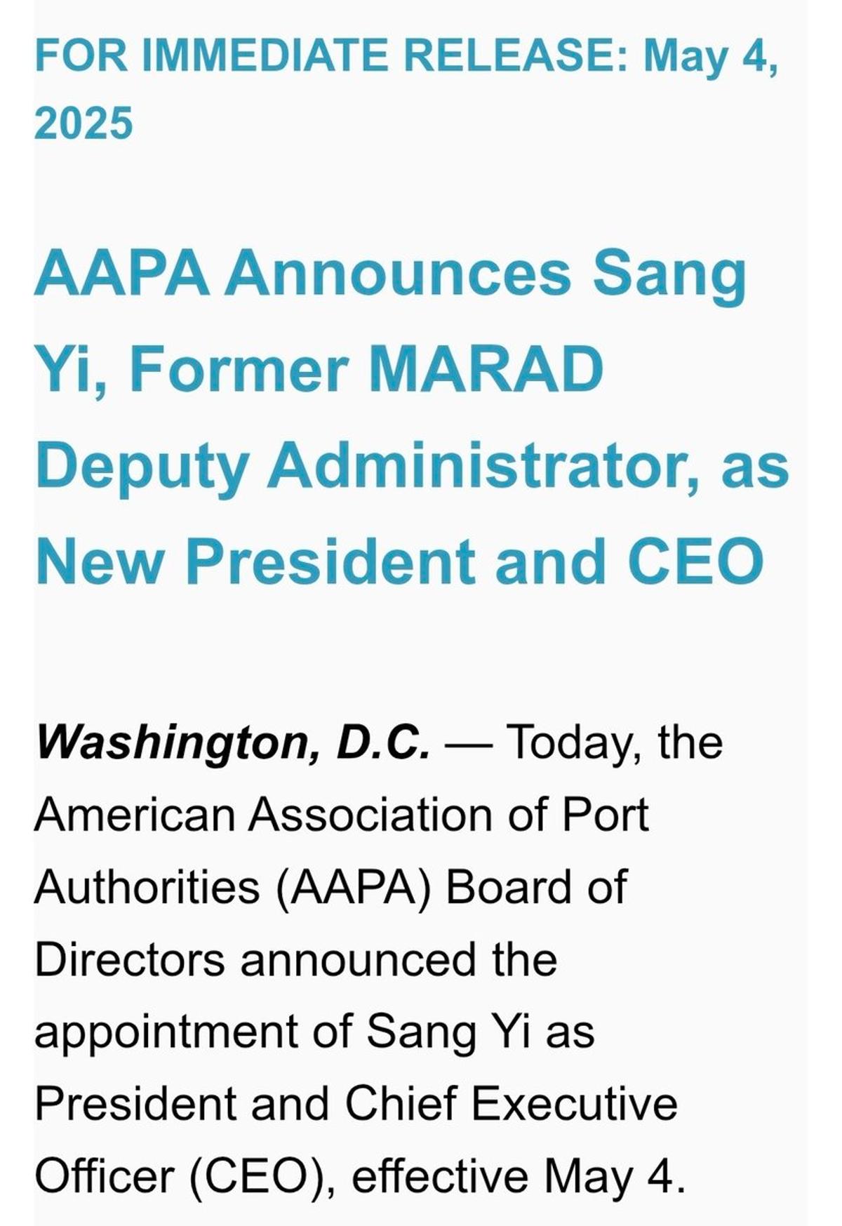 Sang Yi Appointed President and CEO of AAPA Seaports
