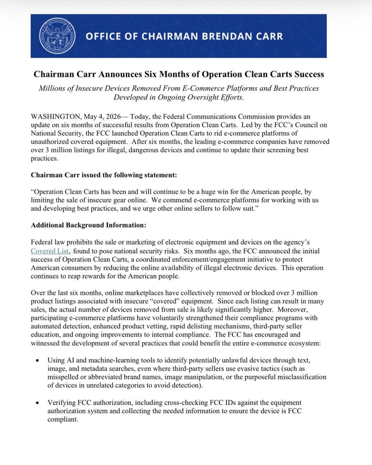 Operation Clean Cart Eliminates 3 Million Illegal Device Listings