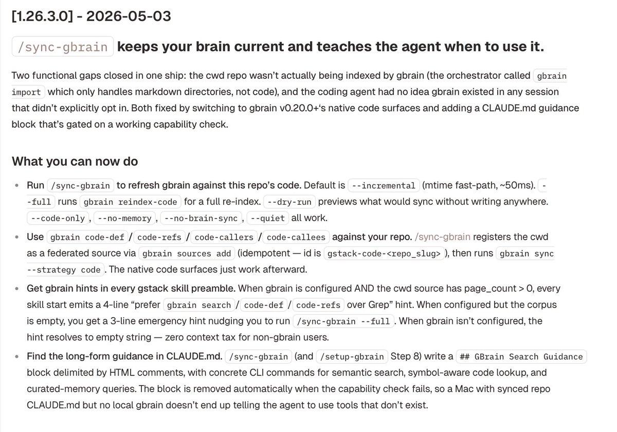 GStack 1.26.3 Integrates GBrain, Boosting Agent Context
