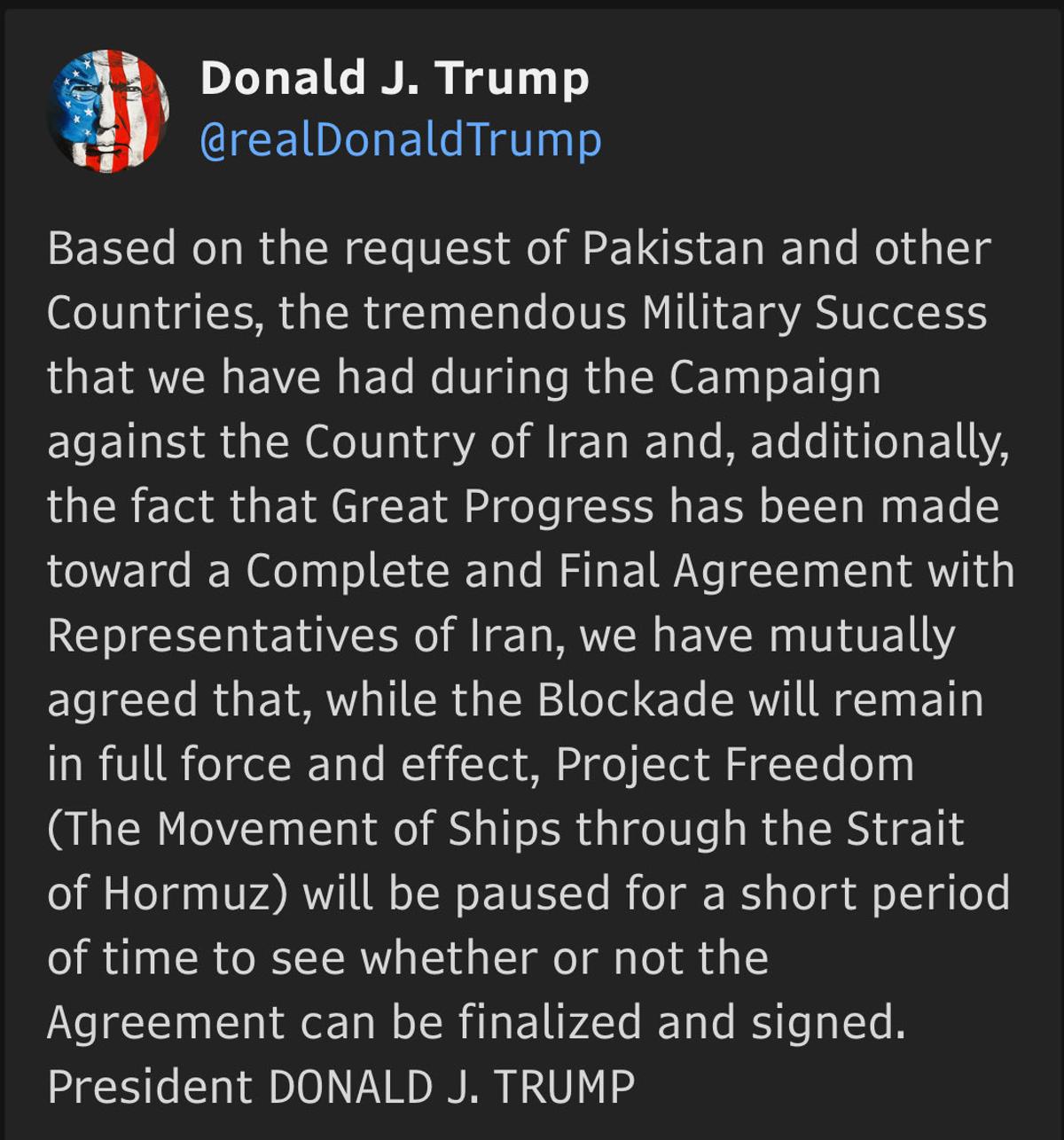 Trump Pauses “Project Freedom” To Reopen Strait of Hormuz