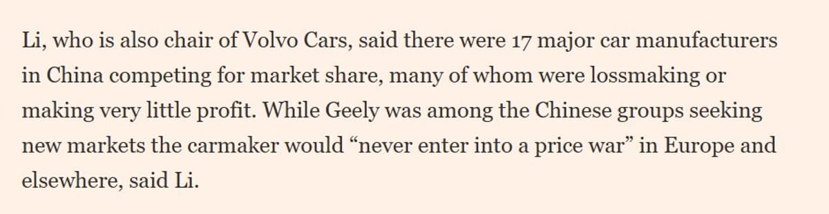 Li Shufu: Most Chinese Automakers Still Unprofitable