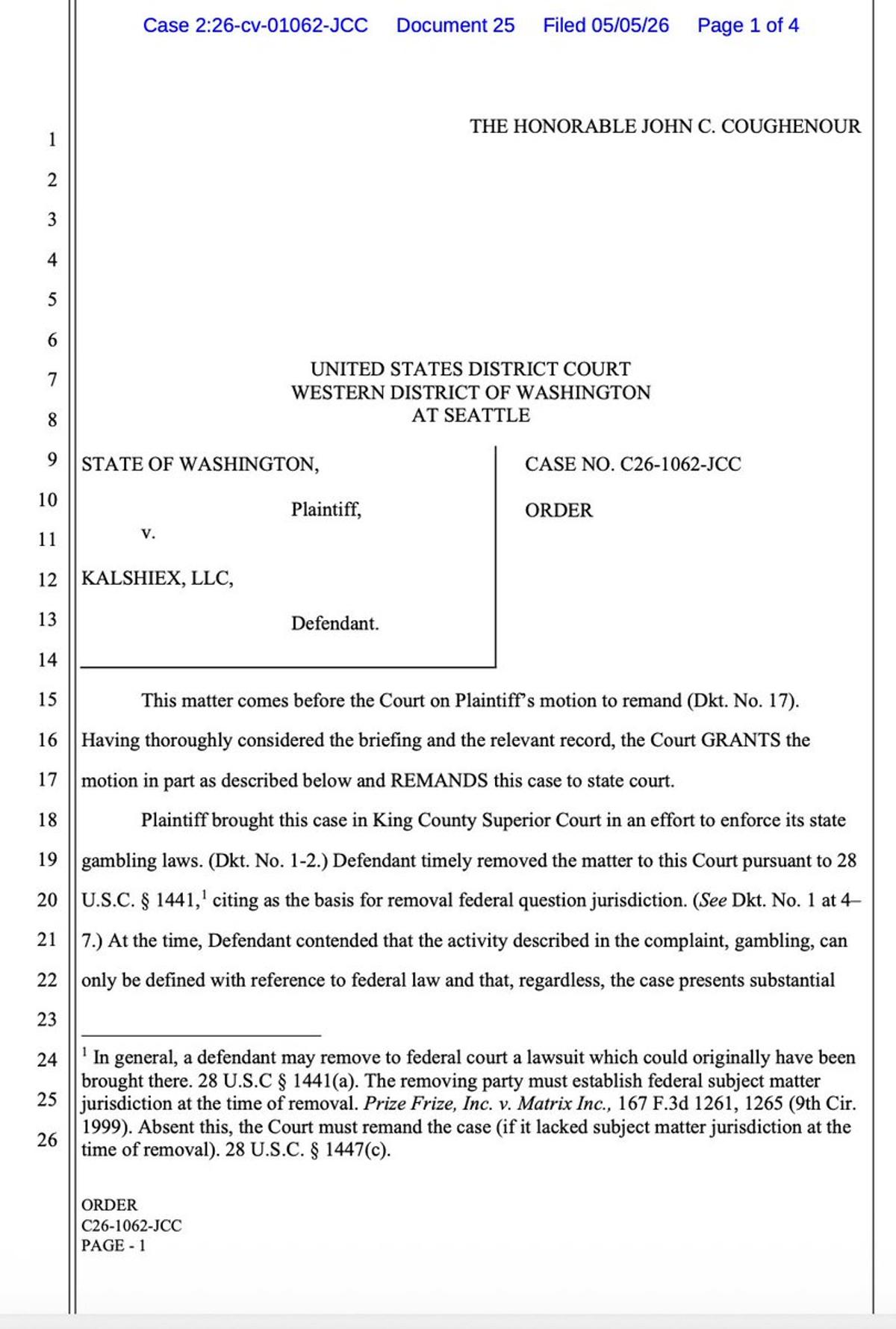 Judge Sends Washington Kalshi Lawsuit Back to State Court