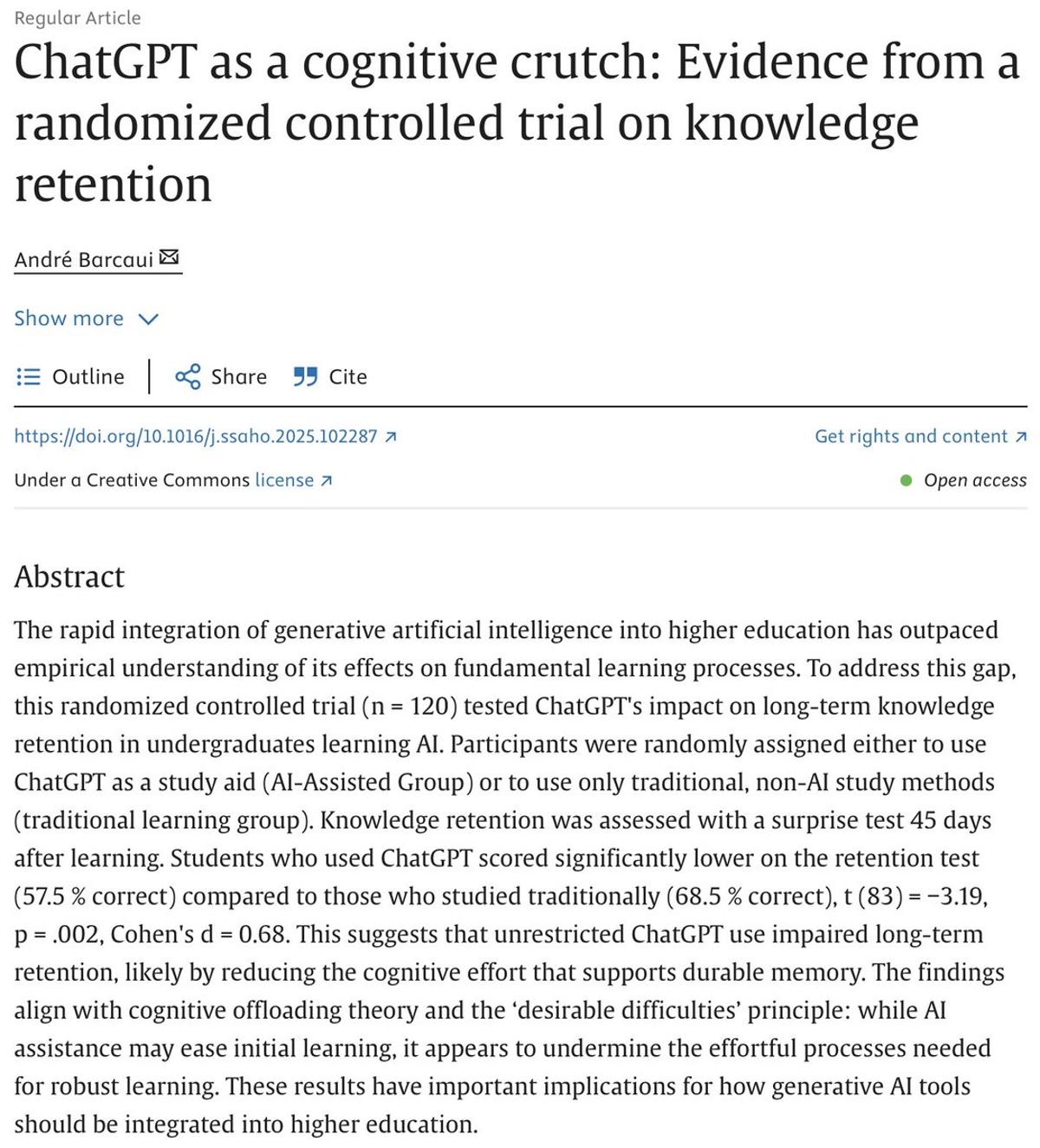 AI Aids Learning but Weakens Deep Understanding in Universities