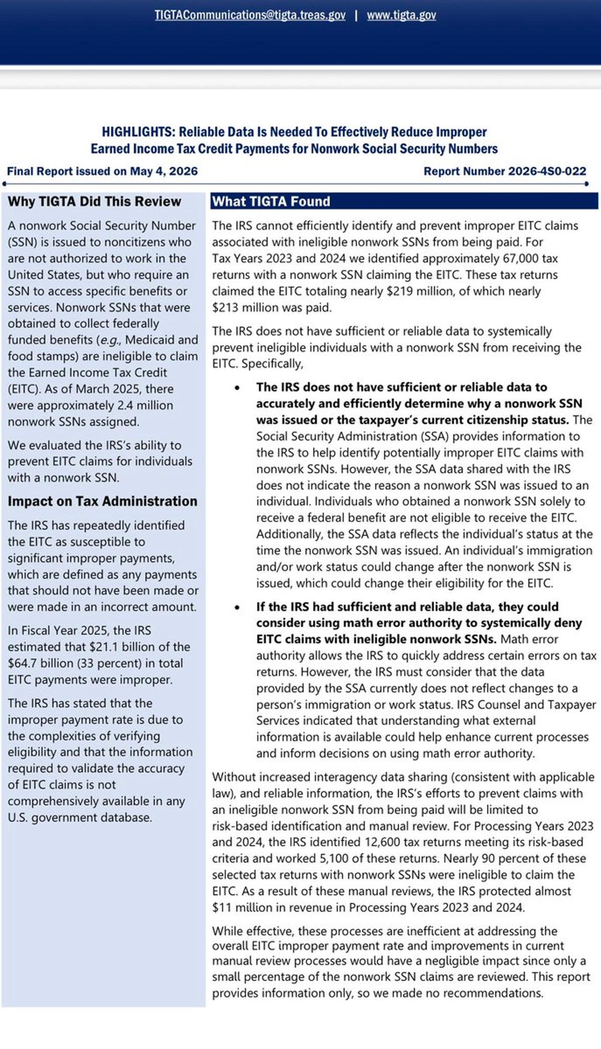 Shared IRS‑SSA Leadership Could Stop Improper EITC Payouts