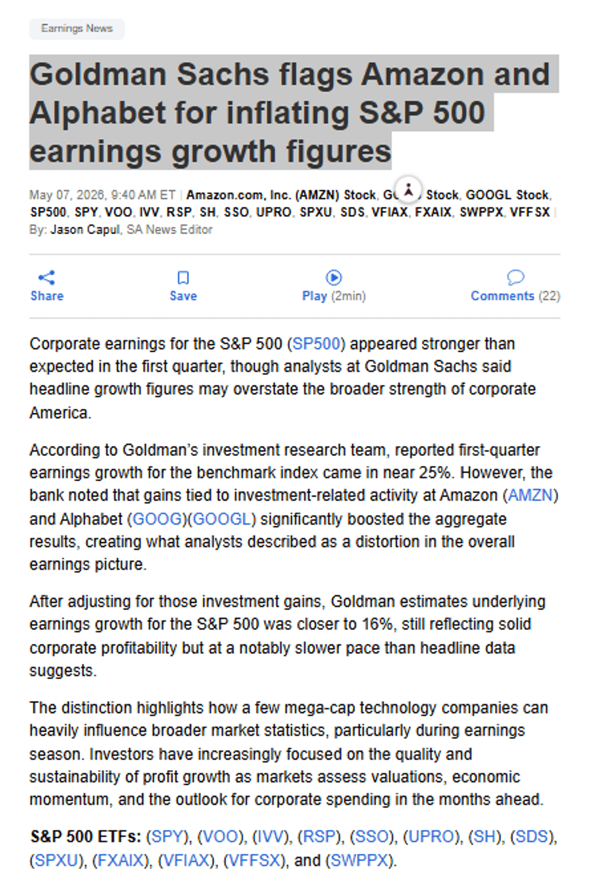 Goldman Sachs Says Amazon, Alphabet Inflate S&P Earnings