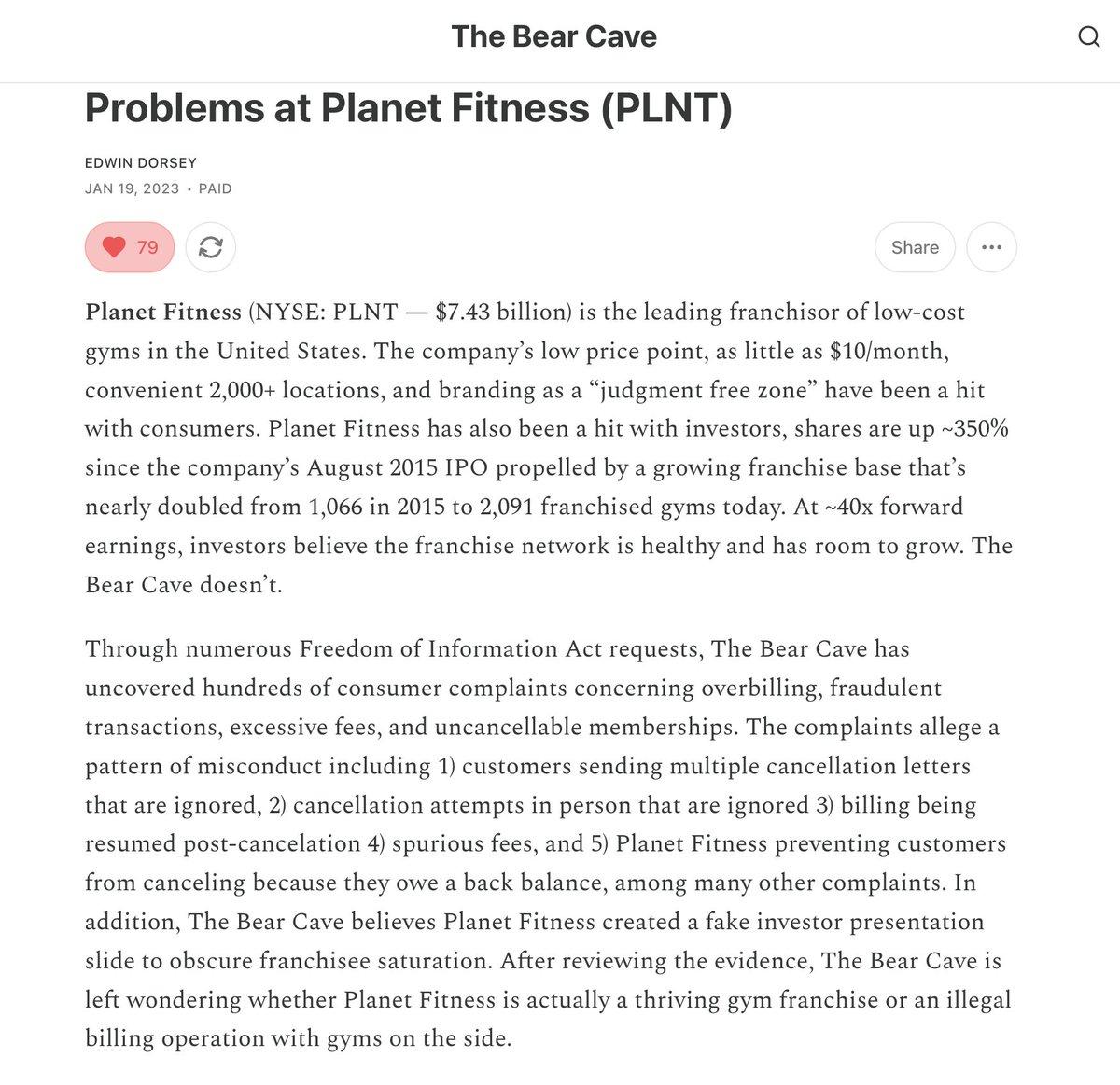 Bear Cave Alert Triggers 50% Drop in Planet Fitness Stock