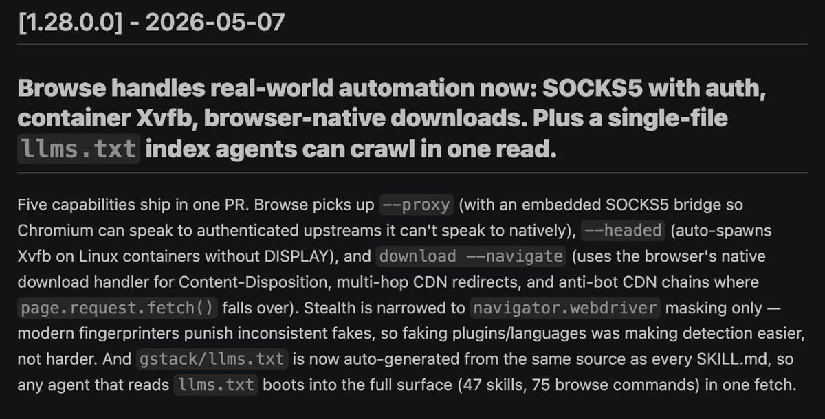 GStack v1.28 Adds Download, Headed Mode, llms.txt