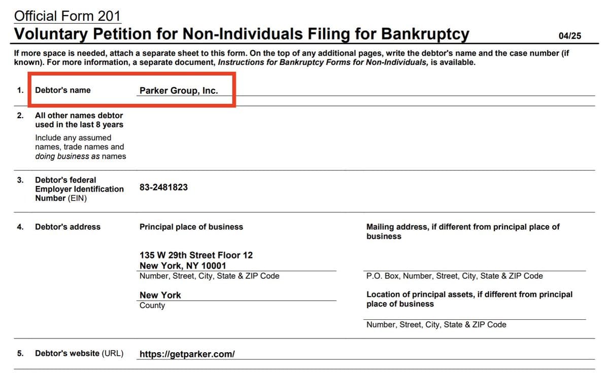 YC‑backed Parker Files Chapter 7 Bankruptcy After $200M Claim
