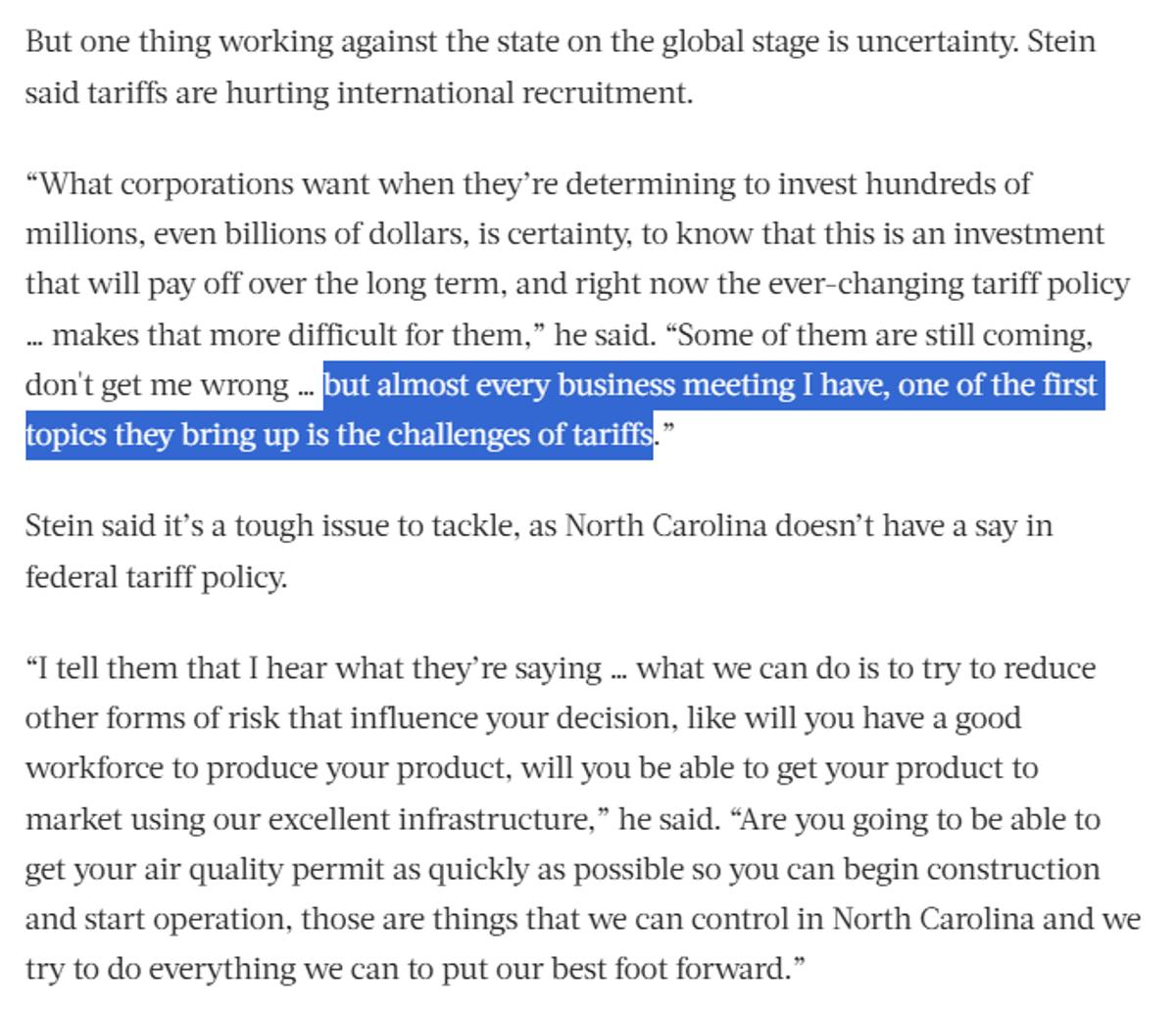 Tariffs Dominate Business Discussions, Says NC Governor