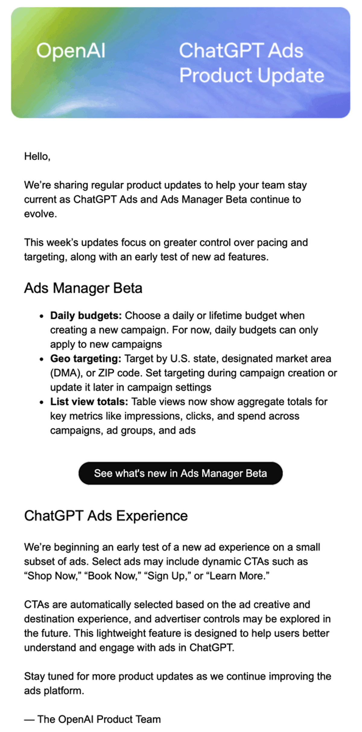 ChatGPT Ad Manager Updated, New CTA Tests Launched
