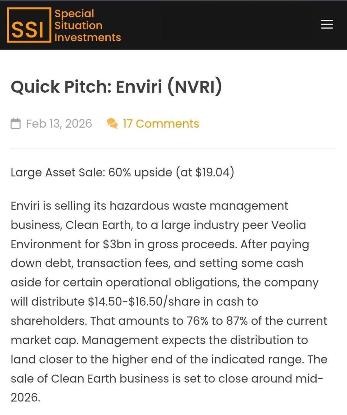 NVRI Cash Hit Low; SpinCo Valuation Appears Cheap