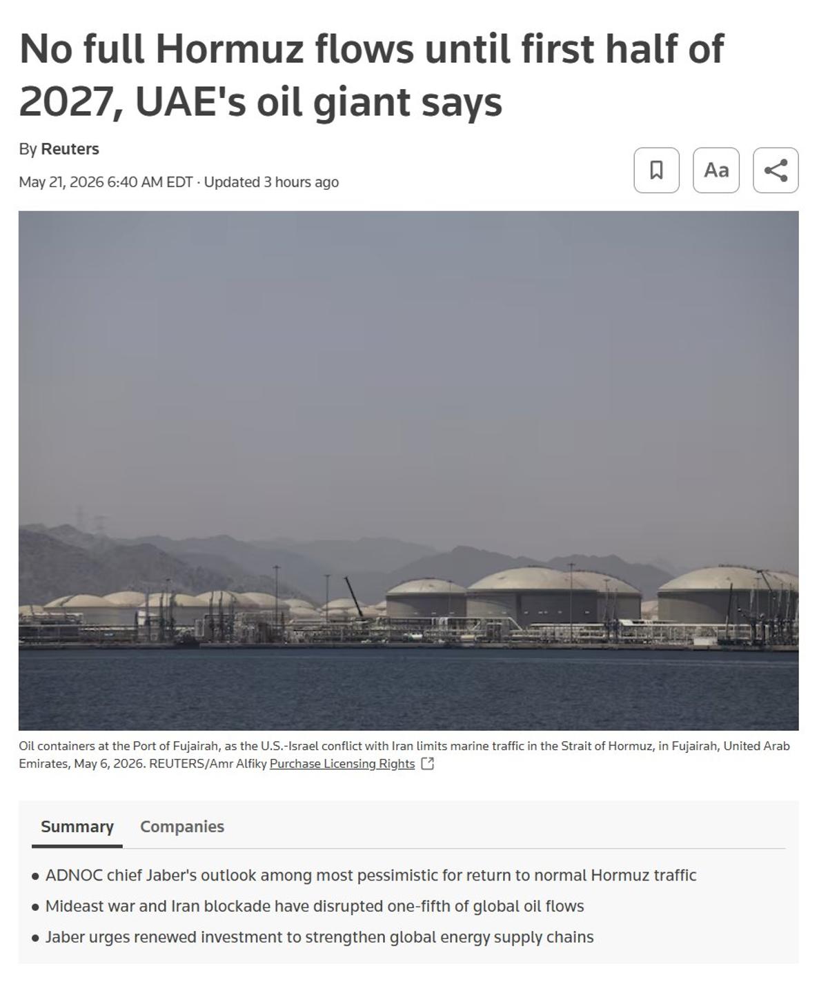 Full Hormuz Oil Flows Delayed Until 2027, Says ADNOC