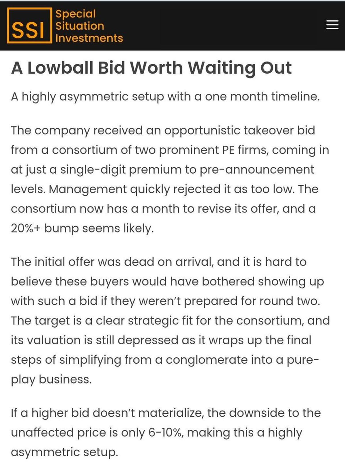 Lowball PE Bid Rejected, Expect 20%+ Upside