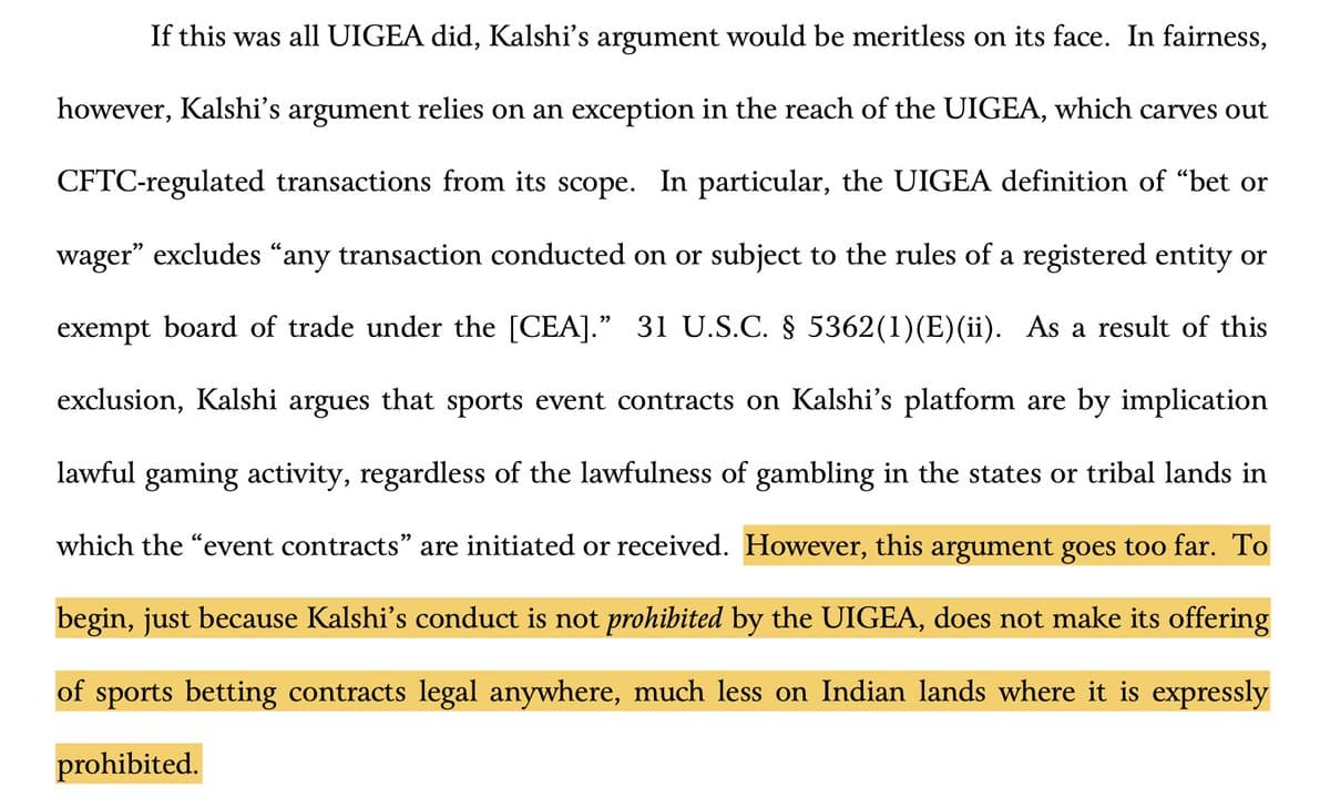 Judge: IGRA Overrides UIGEA, Kalshi Betting Illegal on Tribal Lands