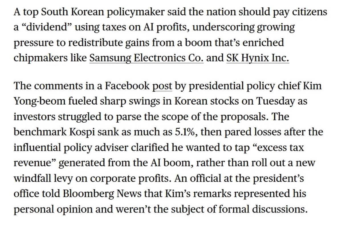 Korean AI Dividend Proposal Triggers 5% KOSPI Slide