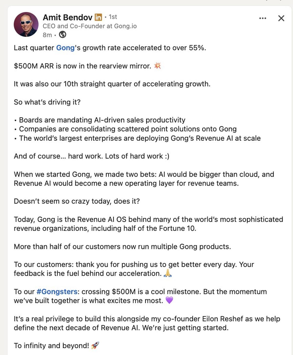Gong Hits $500M ARR with 10 Quarters Accelerating Growth