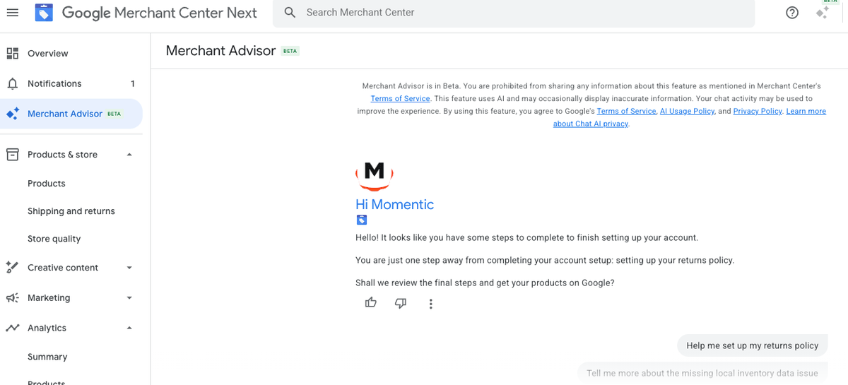 Google Trials Merchant Advisor for Merchant Center