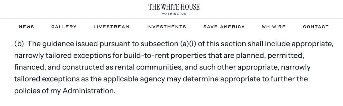 ROAD Update Mirrors Executive Order, Exempts Build‑to‑Rent