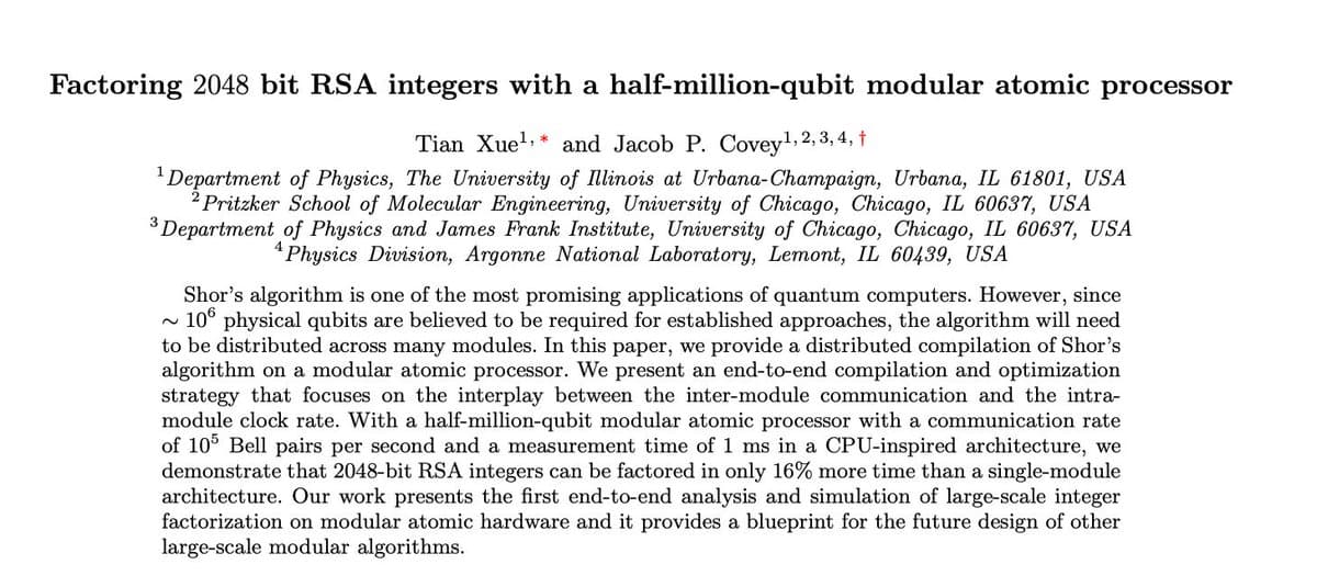 Modular Quantum Processor Simulated to Factor 2048‑bit RSA