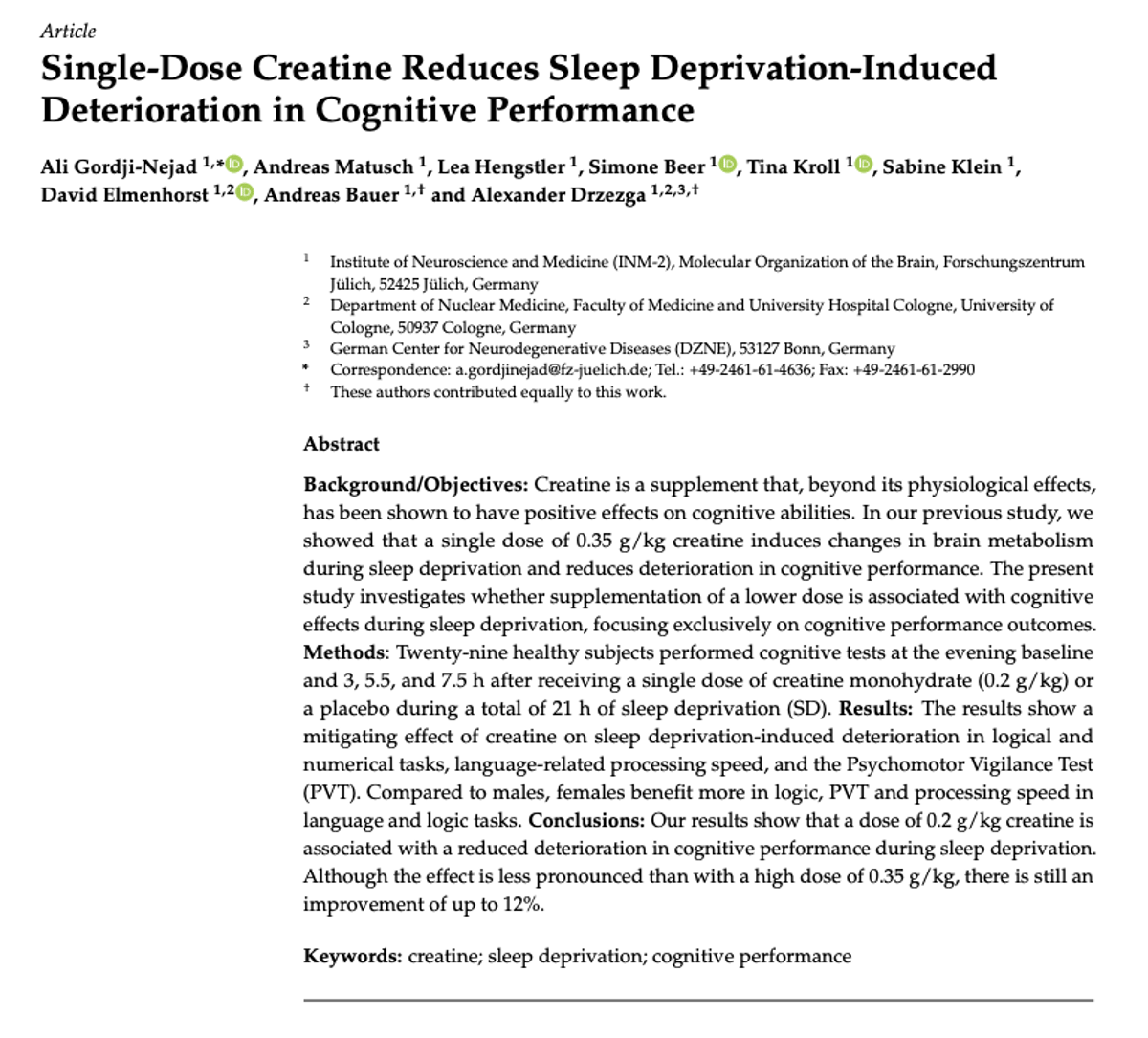Low‑dose Creatine Shields Cognition During Sleep Loss
