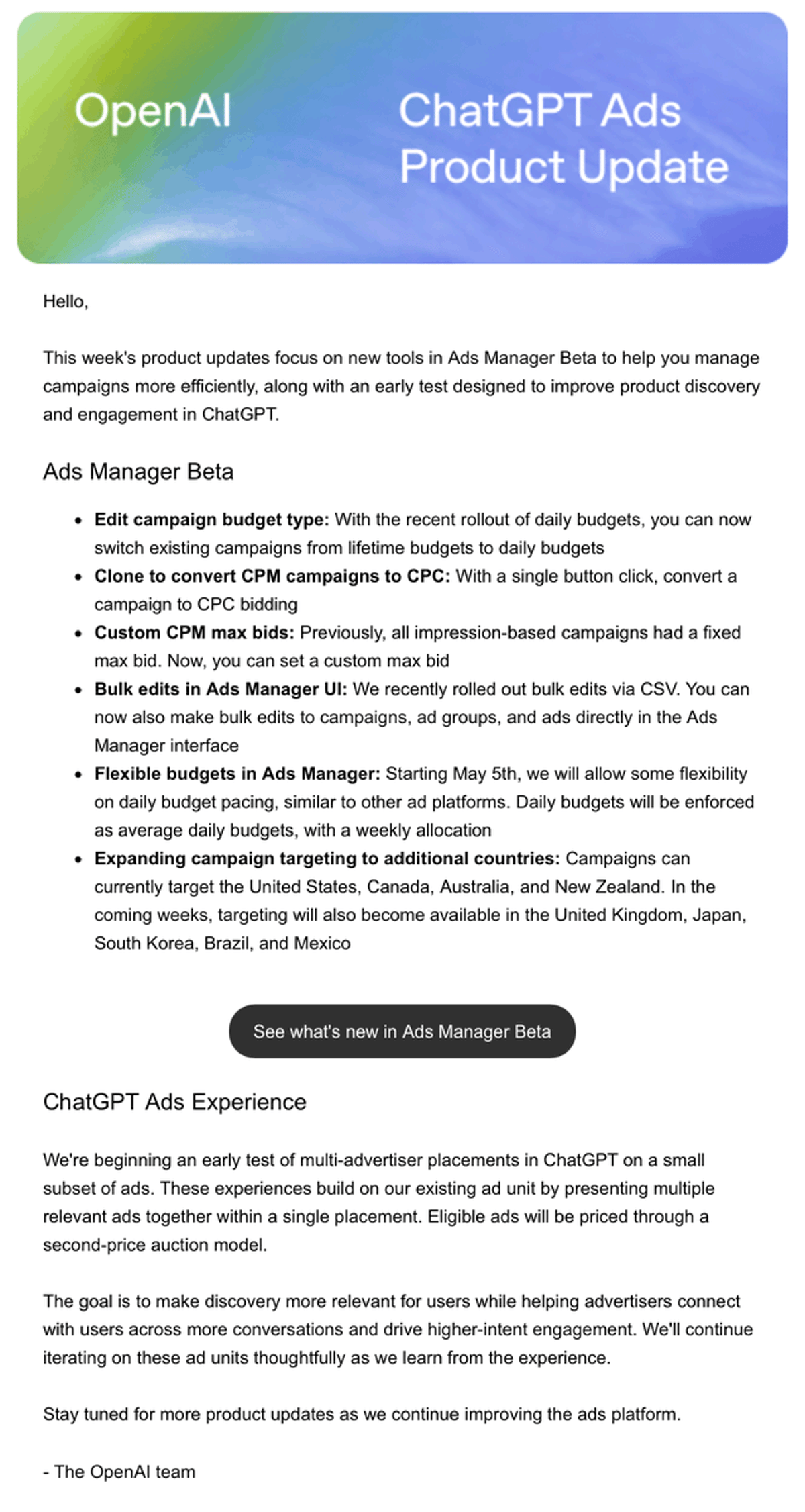 ChatGPT Expands Ad Manager Globally with Multi‑advertiser Testing