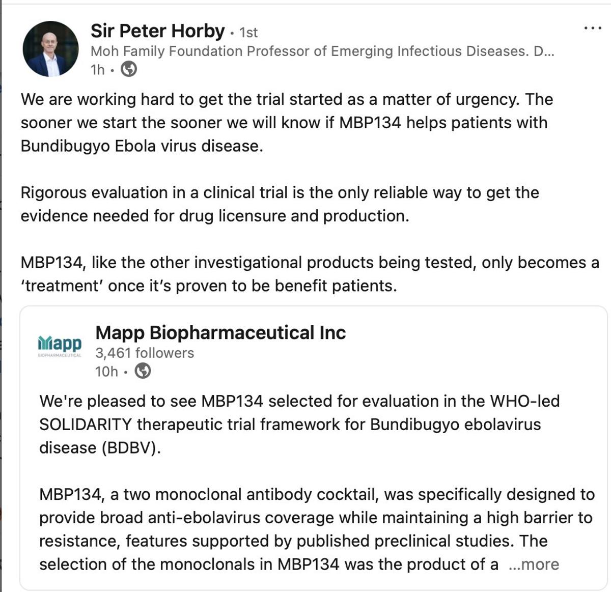 MappBio's Ebola Antibody MBP-134 Near Outbreak Trial