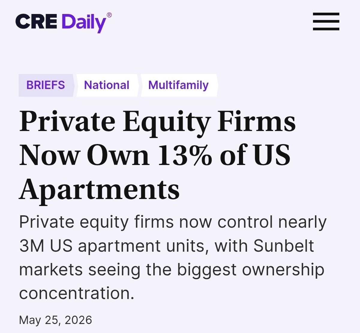 Most Large Apartment Buildings Funded by Private Equity