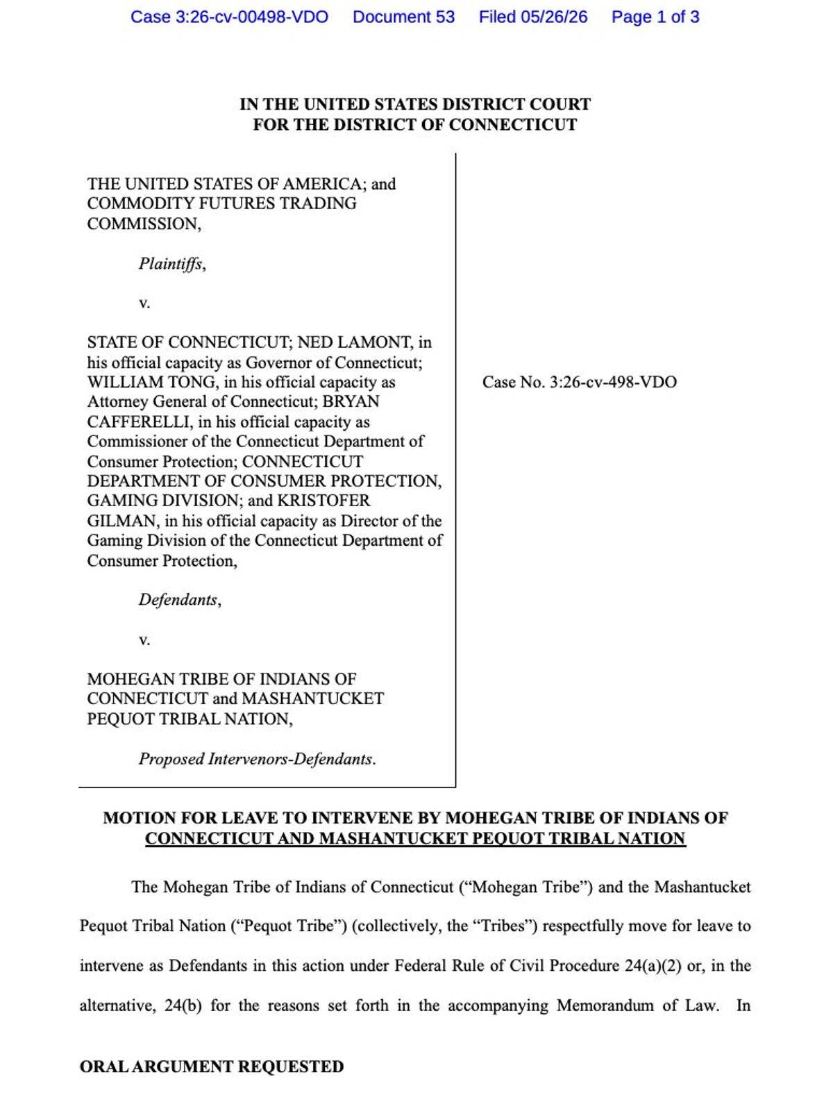 Tribes Seek to Join CFTC‑Connecticut Lawsuit Hearing