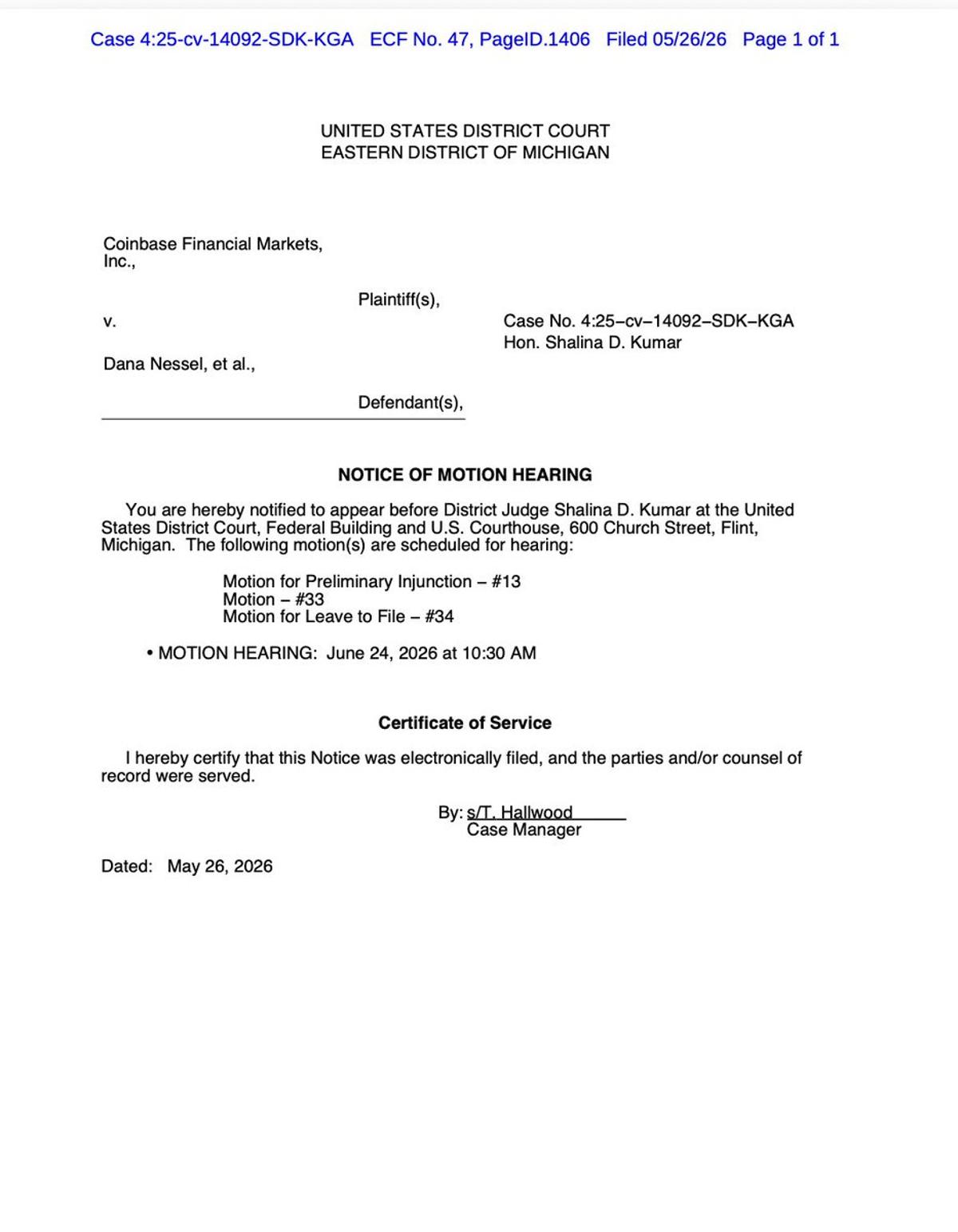 Coinbase vs Michigan AG: June 24 Hearing Set